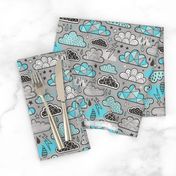 Clouds Bolts Lightning Raindrops Geometric Patterned Cloud Doodle Light Blue on Grey