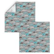 Clouds Bolts Lightning Raindrops Geometric Patterned Cloud Doodle Light Blue on Grey