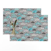 Clouds Bolts Lightning Raindrops Geometric Patterned Cloud Doodle Light Blue on Grey