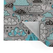 Clouds Bolts Lightning Raindrops Geometric Patterned Cloud Doodle Light Blue on Grey