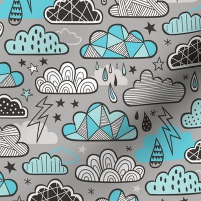 Clouds Bolts Lightning Raindrops Geometric Patterned Cloud Doodle Light Blue on Grey