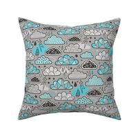 Clouds Bolts Lightning Raindrops Geometric Patterned Cloud Doodle Light Blue on Grey