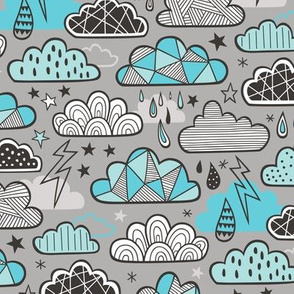 Clouds Bolts Lightning Raindrops Geometric Patterned Cloud Doodle Light Blue on Grey