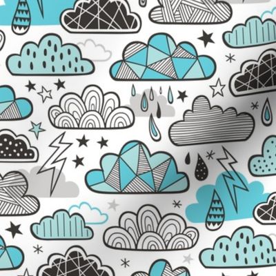 Clouds Bolts Lightning Raindrops Geometric Patterned Cloud Doodle Light Blue