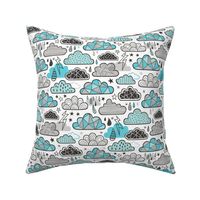 Clouds Bolts Lightning Raindrops Geometric Patterned Cloud Doodle Light Blue