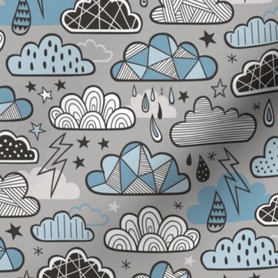 Clouds Bolts Lightning Raindrops Geometric Patterned Cloud Doodle Blue Denim on Grey