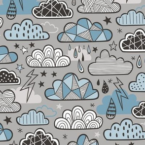 Clouds Bolts Lightning Raindrops Geometric Patterned Cloud Doodle Blue Denim on Grey