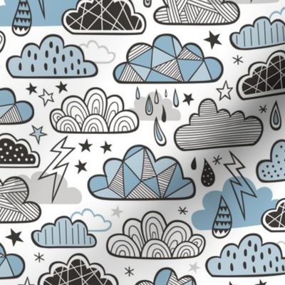 Clouds Bolts Lightning Raindrops Geometric Patterned Cloud Doodle Blue Denim