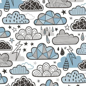 Clouds Bolts Lightning Raindrops Geometric Patterned Cloud Doodle Blue Denim