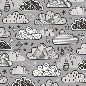 Clouds Bolts Lightning Raindrops Geometric Patterned Cloud Doodle Black & White Grey On Grey