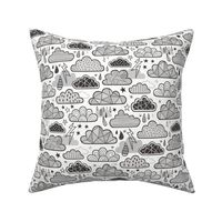 Clouds Bolts Lightning Raindrops Geometric Patterned Cloud Doodle Black & White Grey