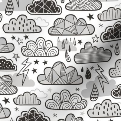 Clouds Bolts Lightning Raindrops Geometric Patterned Cloud Doodle Black & White Grey