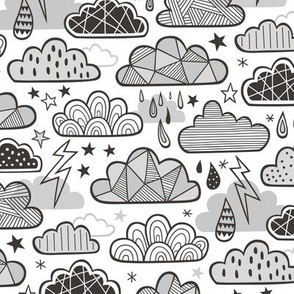 Clouds Bolts Lightning Raindrops Geometric Patterned Cloud Doodle Black & White Grey