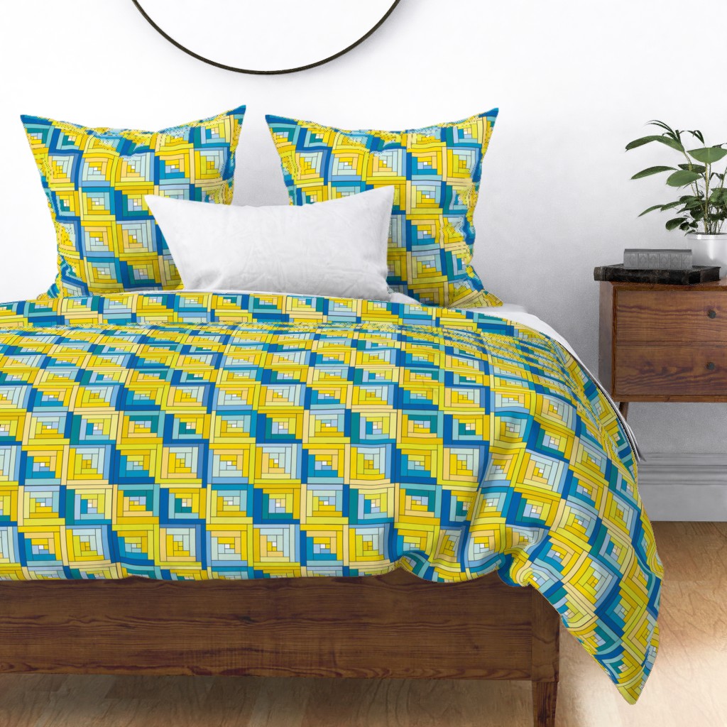 Blue Yellow Log Cabin Quilt Top On Wyandotte By Palusalu