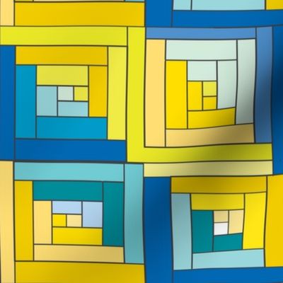 Blue Yellow Log Cabin Quilt Top