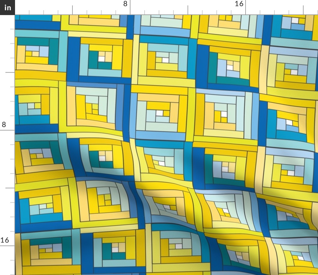 Blue Yellow Log Cabin Quilt Top