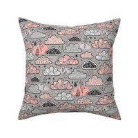 Clouds Bolts Lightning Raindrops Geometric Patterned Cloud Doodle Peach on Grey