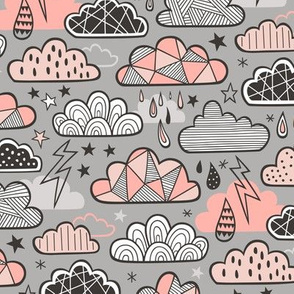 Clouds Bolts Lightning Raindrops Geometric Patterned Cloud Doodle Peach on Grey