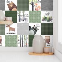 Woodland Critters Patchwork Quilt - Bear Moose Fox Raccoon Wolf, Forest Green Design GingerLous