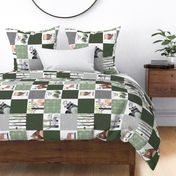 Woodland Critters Patchwork Quilt - Bear Moose Fox Raccoon Wolf, Forest Green Design GingerLous, ROTATED