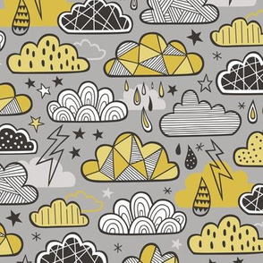 Clouds Bolts Lightning Raindrops Geometric Patterned Cloud Doodle Mustard Yellow on Grey