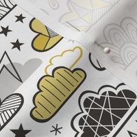Clouds Bolts Lightning Raindrops Geometric Patterned Cloud Doodle Mustard Yellow