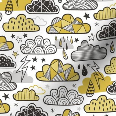 Clouds Bolts Lightning Raindrops Geometric Patterned Cloud Doodle Mustard Yellow