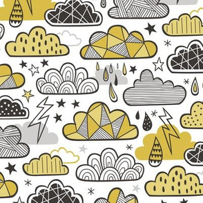 Clouds Bolts Lightning Raindrops Geometric Patterned Cloud Doodle Mustard Yellow