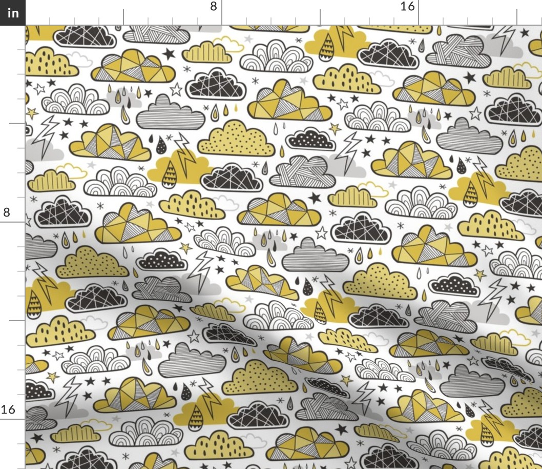 Clouds Bolts Lightning Raindrops Geometric Patterned Cloud Doodle Mustard Yellow