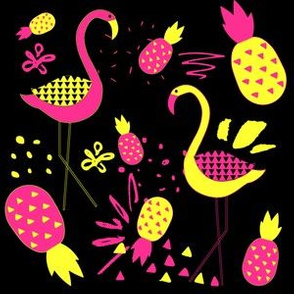 6" Mod Flamingos - Pink & Yellow on Black