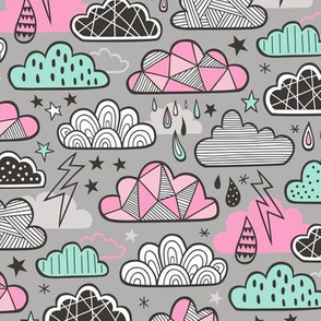 Clouds Bolts Lightning Raindrops Geometric Patterned Cloud Doodle Pink Mint Green on Grey