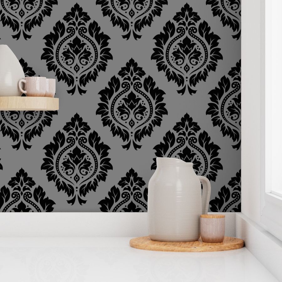 Decorative Damask Pattern Black on Gray