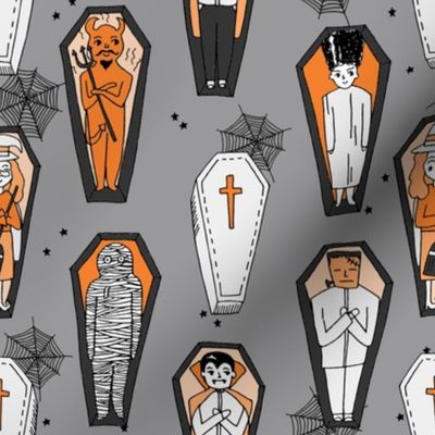 Coffins illustration pattern dracula mummy frankenstein by andrea lauren orange grey