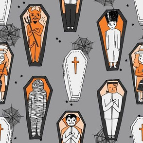 Coffins illustration pattern dracula mummy frankenstein by andrea lauren orange grey