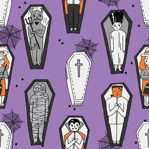 LARGE - Coffins illustration pattern dracula mummy frankenstein by andrea lauren purple