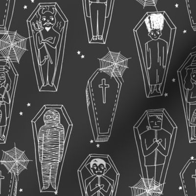 Coffins illustration pattern dracula mummy frankenstein by andrea lauren grey