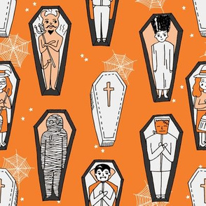 Coffins illustration pattern dracula mummy frankenstein by andrea lauren orange