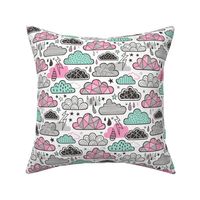 Clouds Bolts Lightning Raindrops Geometric Patterned Cloud Doodle Pink Mint Green