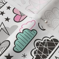 Clouds Bolts Lightning Raindrops Geometric Patterned Cloud Doodle Pink Mint Green