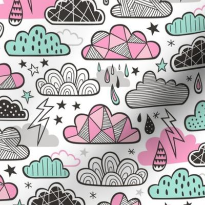 Clouds Bolts Lightning Raindrops Geometric Patterned Cloud Doodle Pink Mint Green