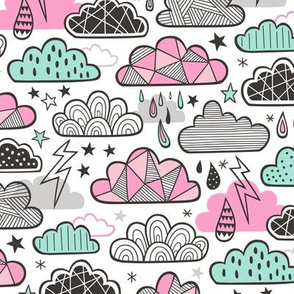 Clouds Bolts Lightning Raindrops Geometric Patterned Cloud Doodle Pink Mint Green