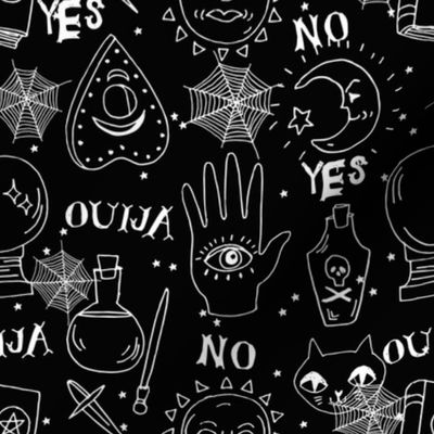 Spirit board cute halloween pattern october fall themed fabric black and white print by andrea lauren