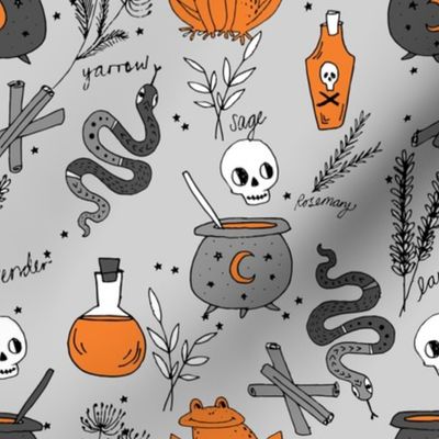 Halloween spooky cauldron snakes potions pattern by andrea lauren grey orange