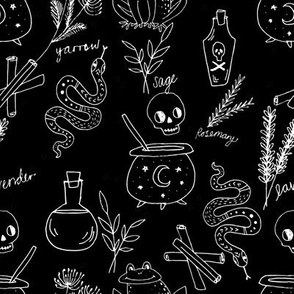 Halloween spooky cauldron snakes potions pattern by andrea lauren black and white