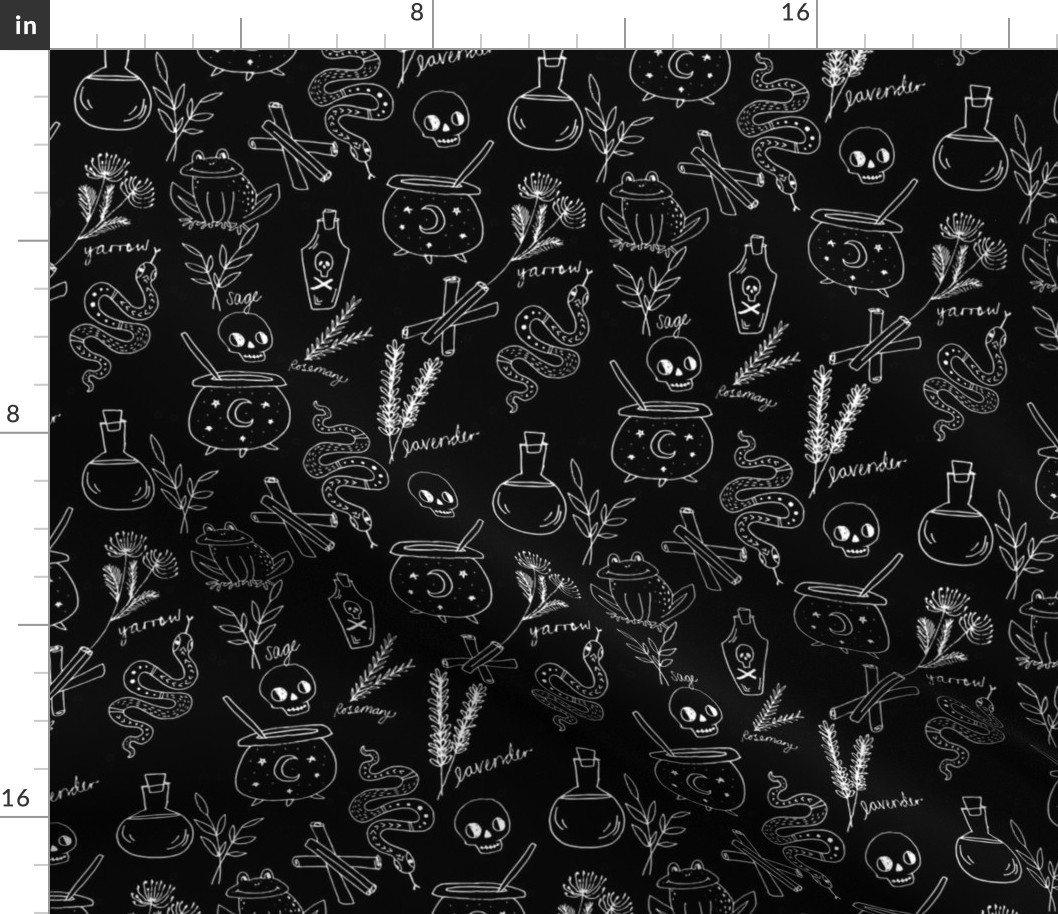 Halloween spooky cauldron snakes potions pattern by andrea lauren black and white