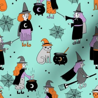 Witches halloween spooky cute pattern with cats by andrea lauren turquoise