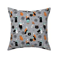 Witches halloween spooky cute pattern with cats by andrea lauren grey and orange