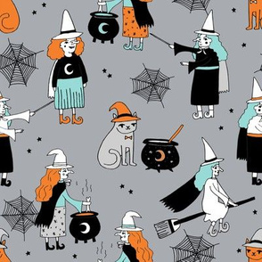 Witches halloween spooky cute pattern with cats by andrea lauren grey and orange