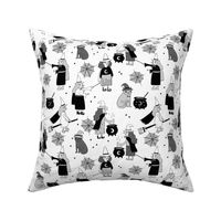 Witches halloween spooky cute pattern with cats by andrea lauren black and white