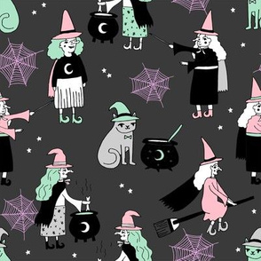 Witches halloween spooky cute pattern with cats by andrea lauren dark grey